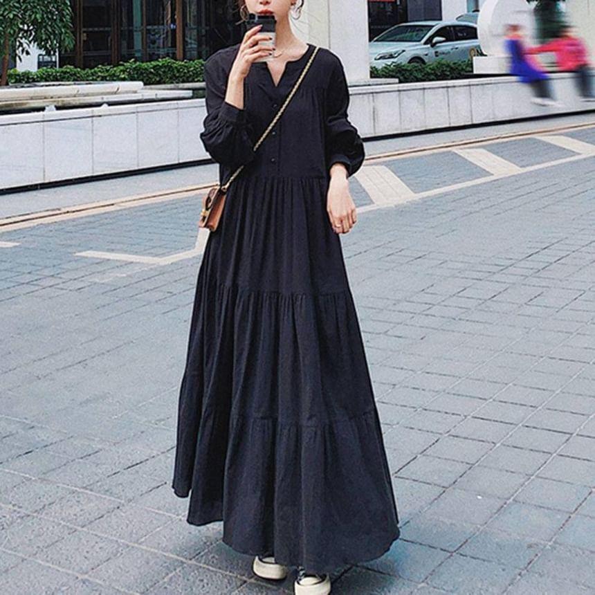 Balloon Sleeve V-Neck Loose A-Line Maxi Dress Product Image