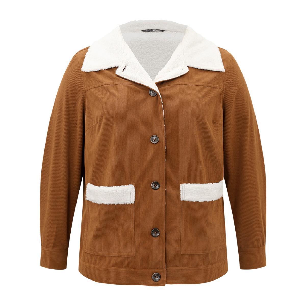 Plus Size Corduroy Lapel Collar Fuzzy Patchwork Button Fly Coat Women Maroon Casual Contrast Ladies Dailywear Winter Coats BloomChic 18-20/2X Product Image