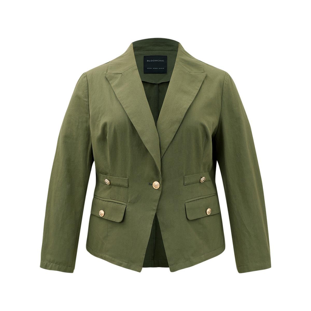 Plus Size Plain Suit Collar Buckle Detail Blazer ArmyGreen Women Work Plain Plain Sleeve Long Sleeve Suit Collar 22-24/3X Office Blazers BloomChic Product Image