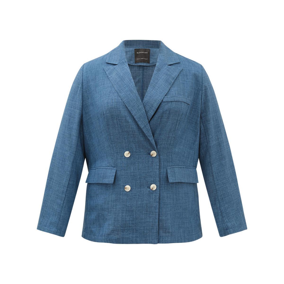 Plus Size Solid Double Breasted Suit Collar Flap Pocket Blazer Indigo Women Work Plain Texture Sleeve Long Sleeve Suit Collar 12/L Pocket At the Office Blazers BloomChic Product Image