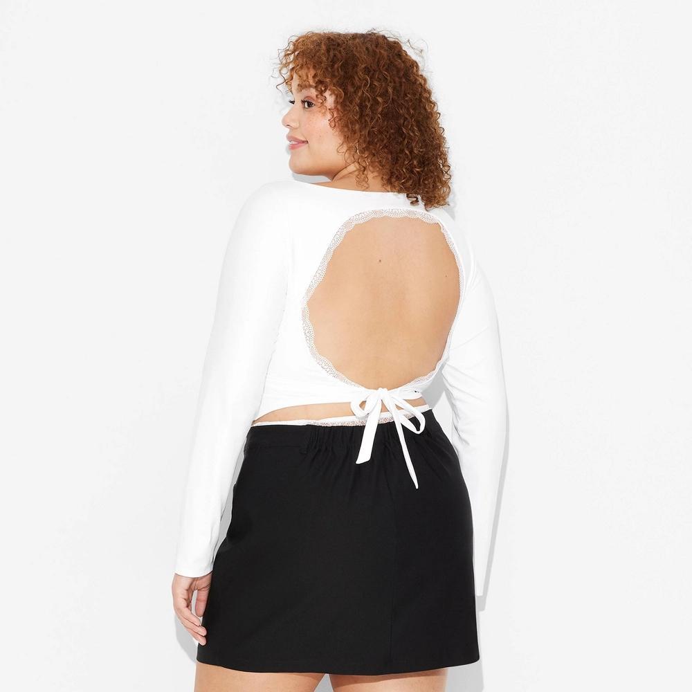 Women's Long Sleeve Lace Trim Open Back Top - Wild Fable™ White 2X Product Image