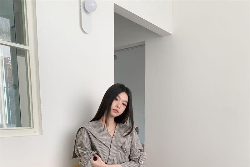Long-Sleeve Sailor Collar Striped Asymmetrical Blouse Product Image