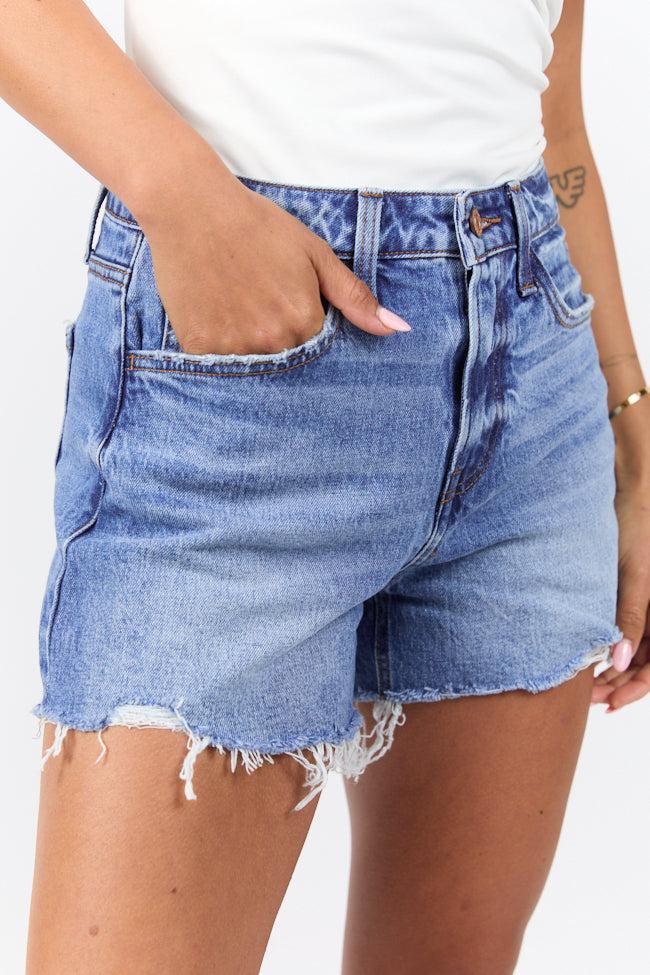 Emmy High Waisted Stretch Relaxed Raw Hem Denim Shorts Product Image