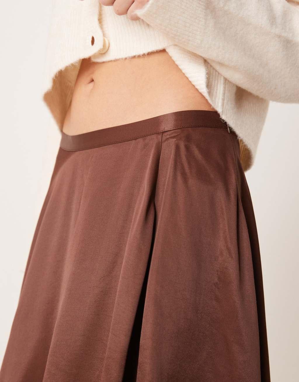 ASOS DESIGN satin asymmetric hem midi skirt in chocolate Product Image