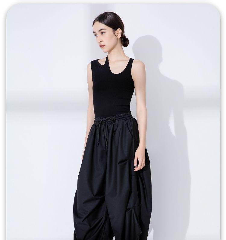 Drawstring Waist Plain Ruched Cropped Wide Leg Pants Product Image