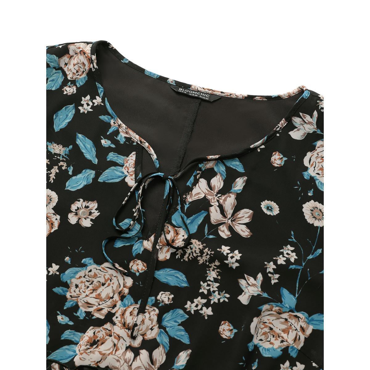 Plus Size BlackFlower Chiffon Floral Print Ties Flutter Trim Blouse Women Elegant Long Sleeve Tie Neck Work Blouses BloomChic 18-20/2X Product Image