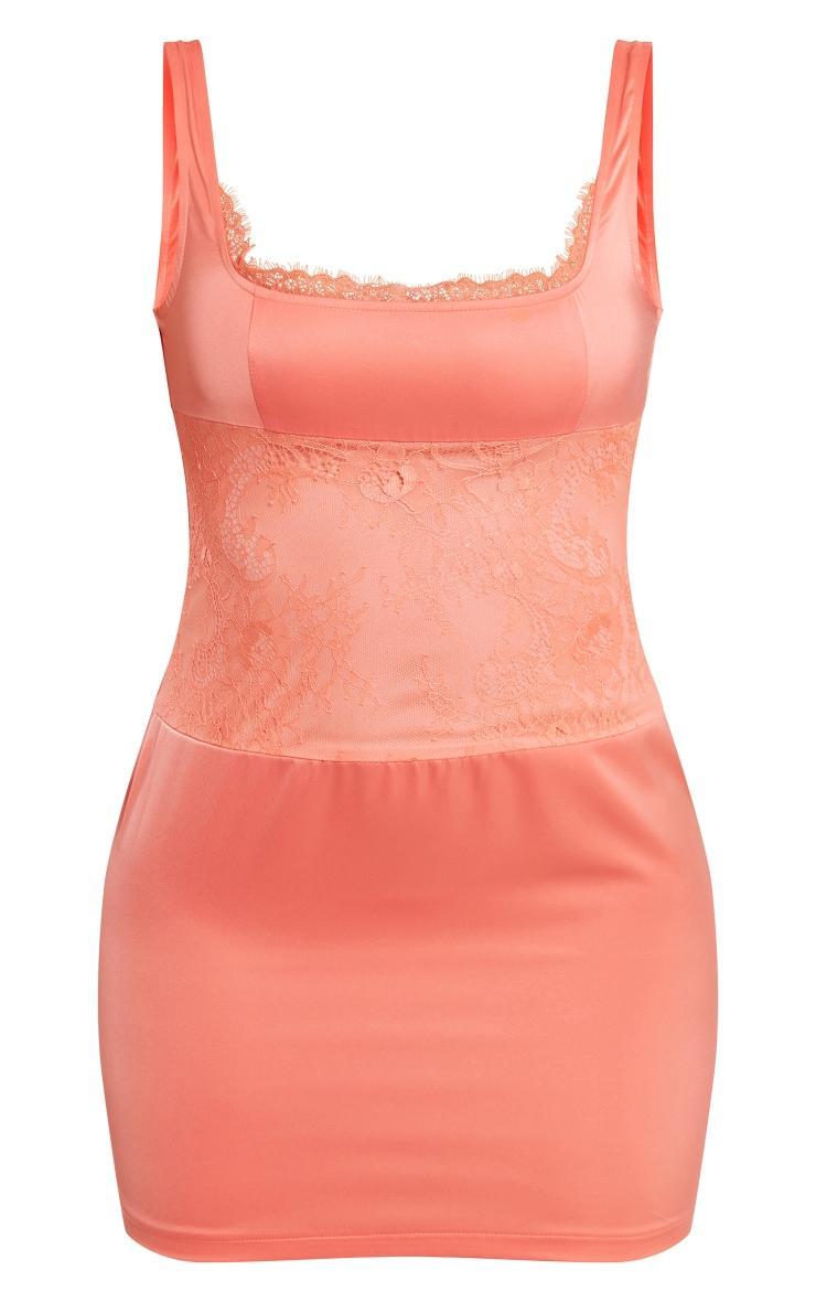 Coral Satin Lace Insert Trim Detail Strappy Bodycon Dress Product Image
