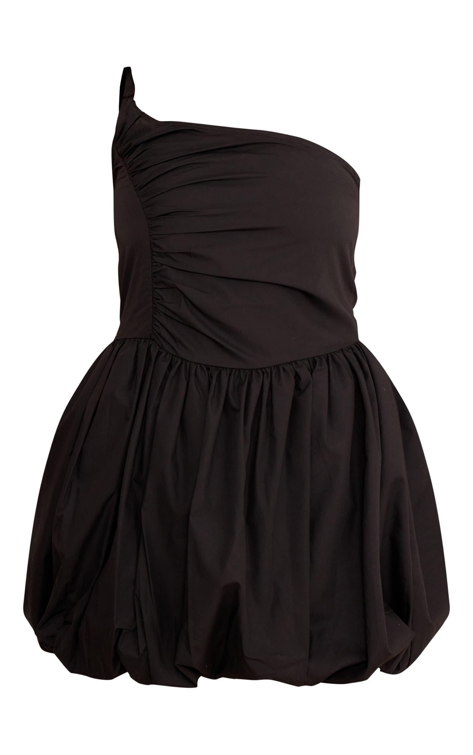 Black One Shoulder Ruched Puff Ball Dress Product Image