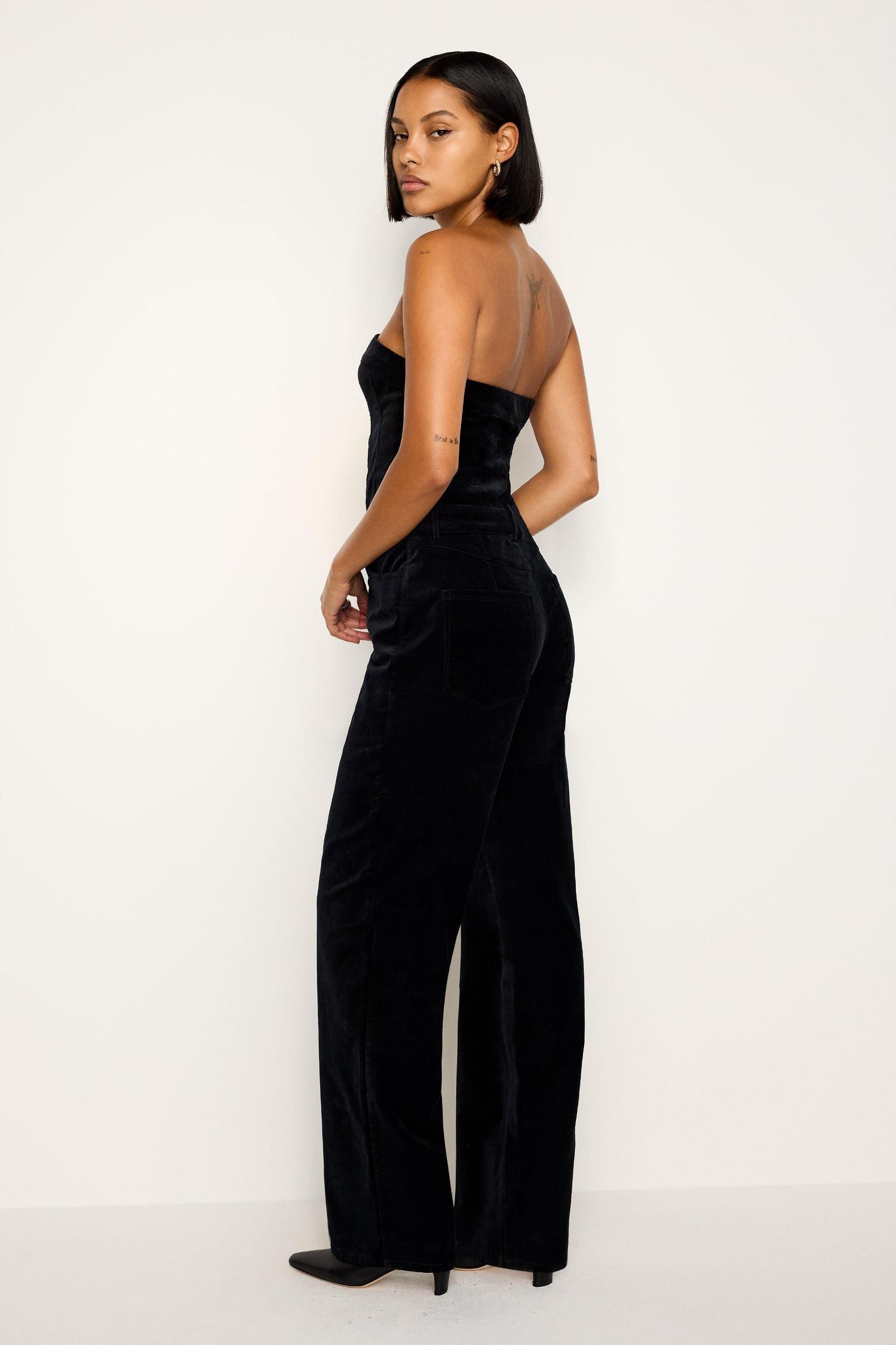 FIT FOR SUCCESS STRAPLESS VELVET JUMPSUIT | BLACK001 Product Image