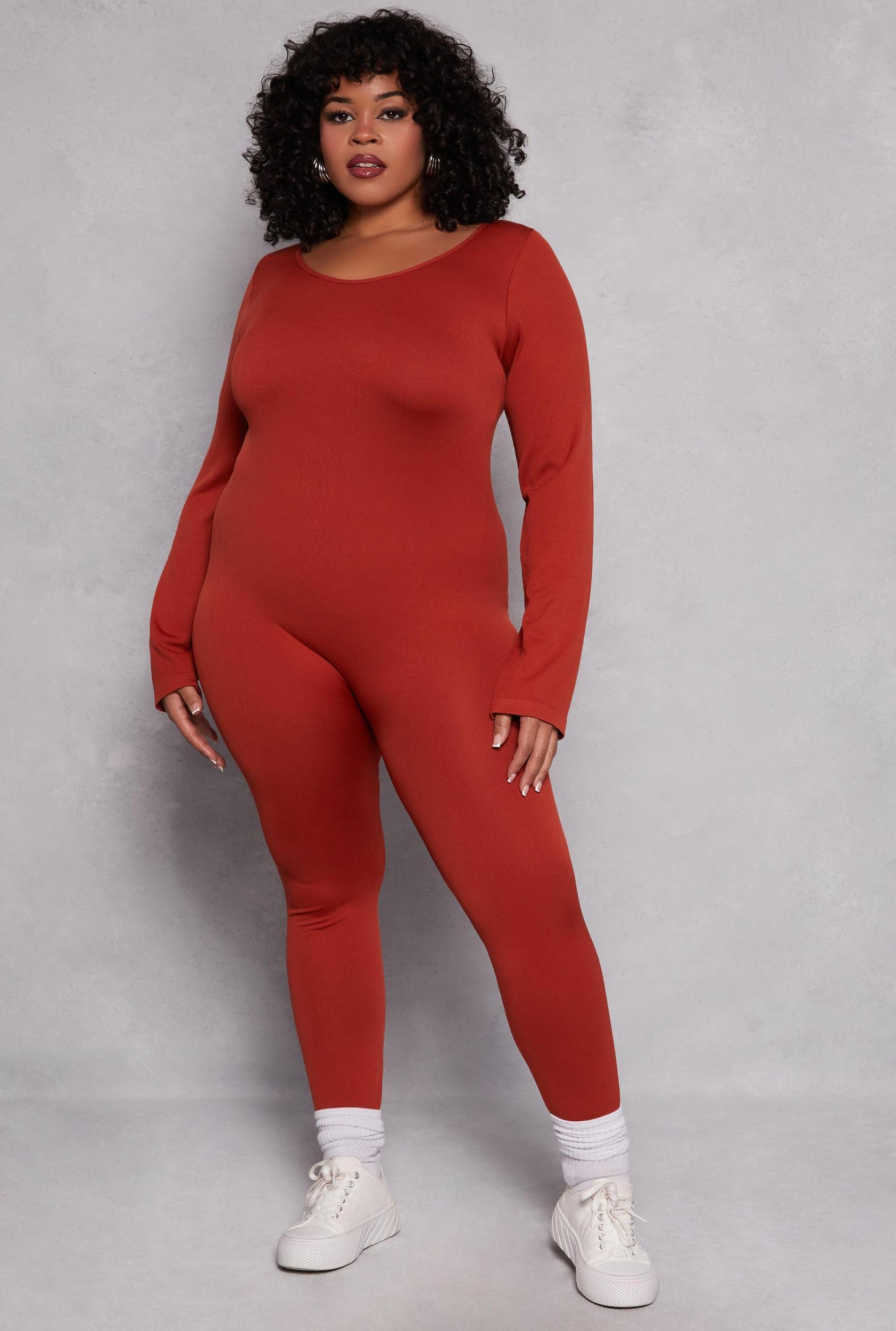 Womens Plus Size Ribbed Knit Long Sleeve Catsuit Product Image