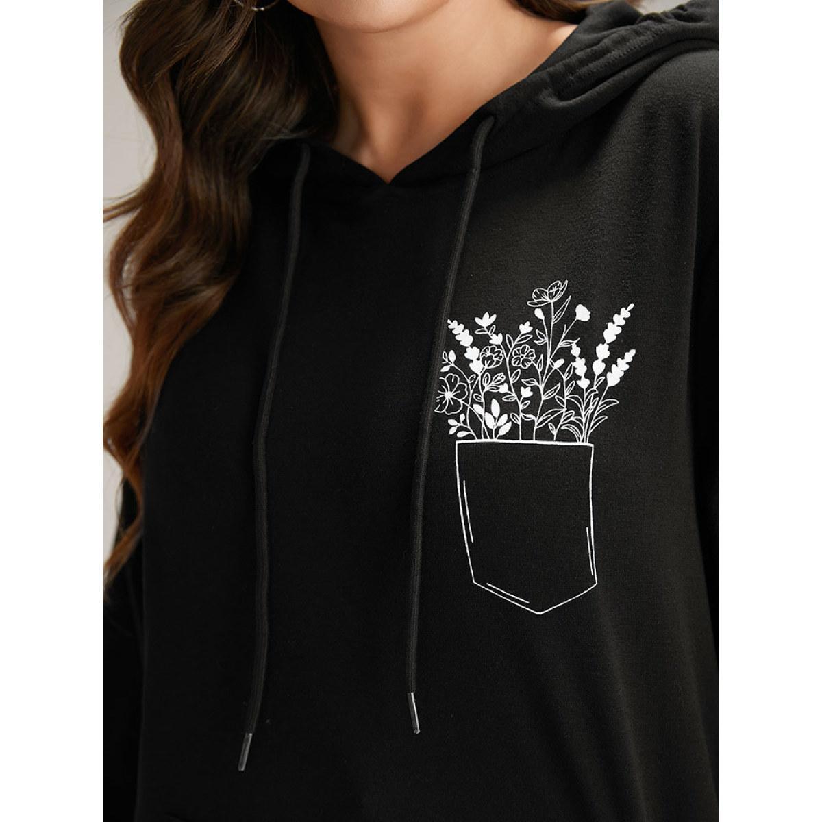 Plus Size Floral Print Pocket Hooded Drawstring Sweatshirt Women Black Casual Elastic cuffs Dailywear Sweatshirts BloomChic 10/M Product Image