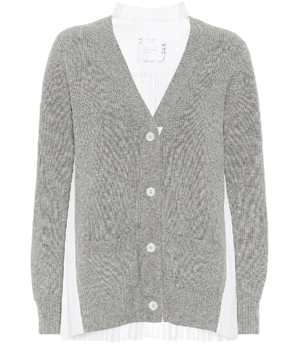 SACAI Grey & White Pleated Back Cardigan In Light Grey Product Image