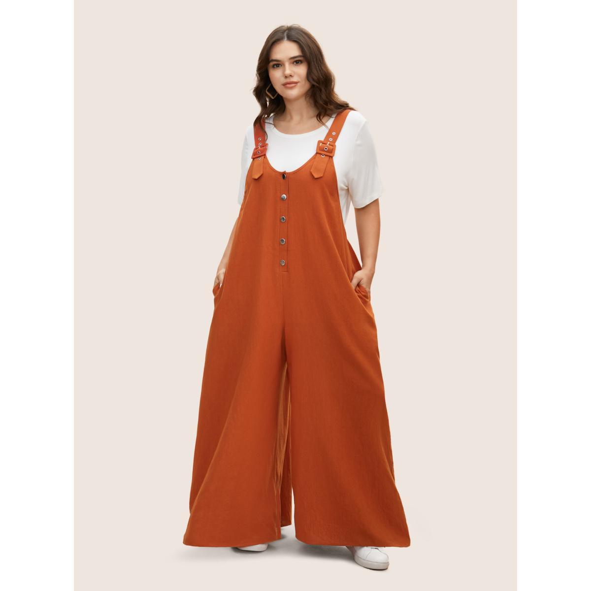 Plus Size Rust Solid U Neck Metal Detail Jumpsuit Women Casual Sleeveless U-neck Everyday Loose Jumpsuits BloomChic 30/6X Product Image