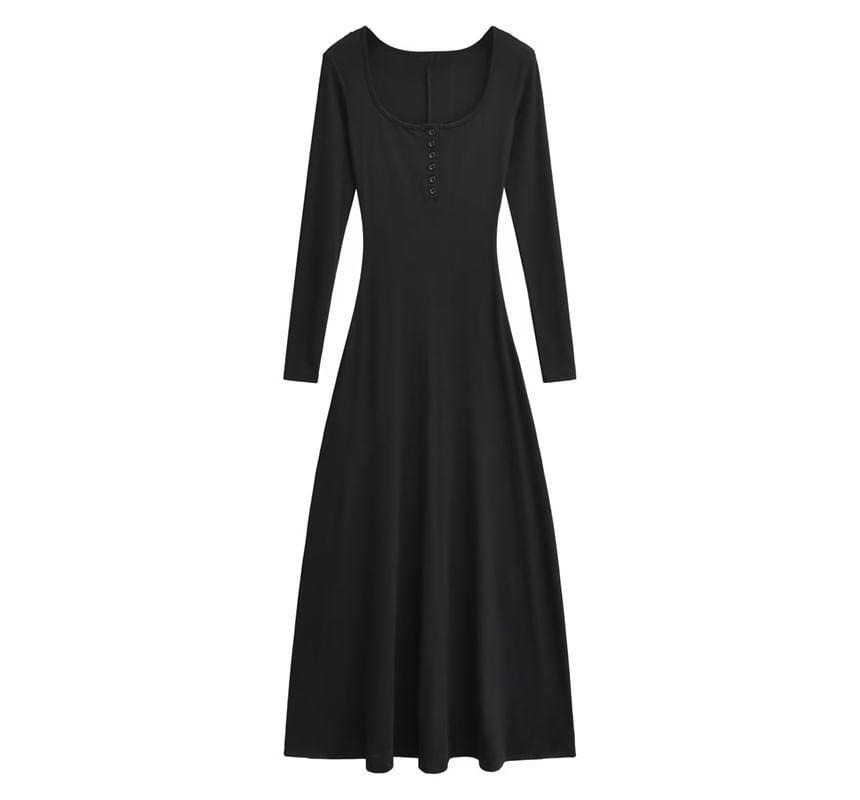 Long-Sleeve Henley Plain Maxi A-Line Dress Product Image