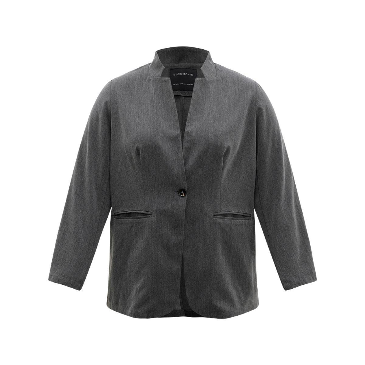 Plus Size Stand Collar Button Up Pocket Blazer Gray Women Work Plain Plain Sleeve Long Sleeve Stand-up collar 10/M Pocket Office Blazers BloomChic Product Image