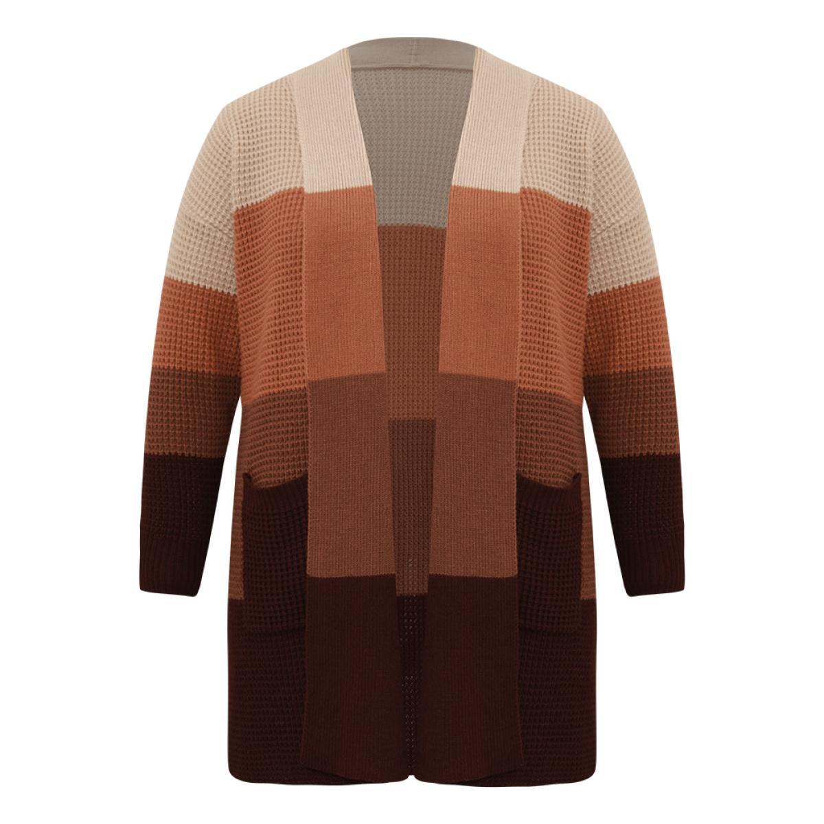 Plus Size Colorblock Contrast Pocket Open Front Cardigan Multicolor Women Casual Loose Long Sleeve Dailywear Cardigans BloomChic 28/5X Product Image