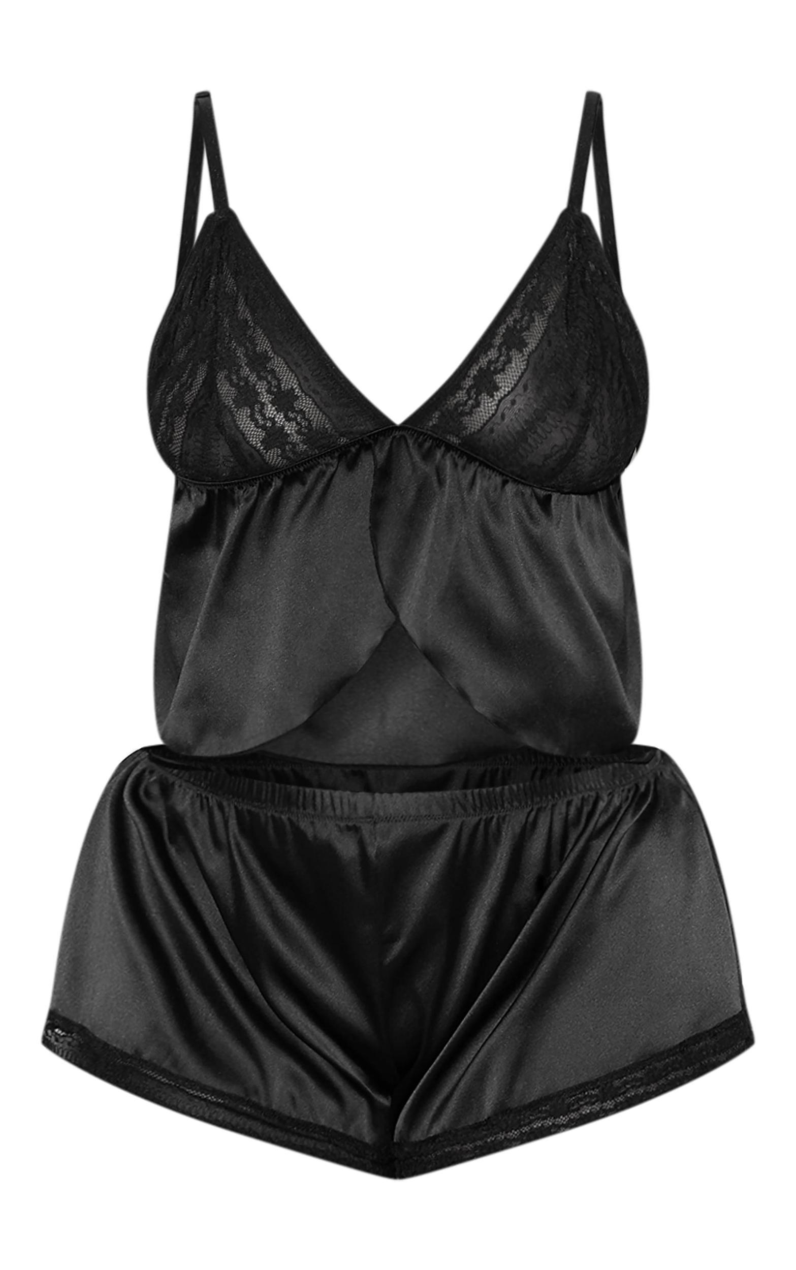 Plus Black Satin Lace Cami Short Textured PJ Set Product Image