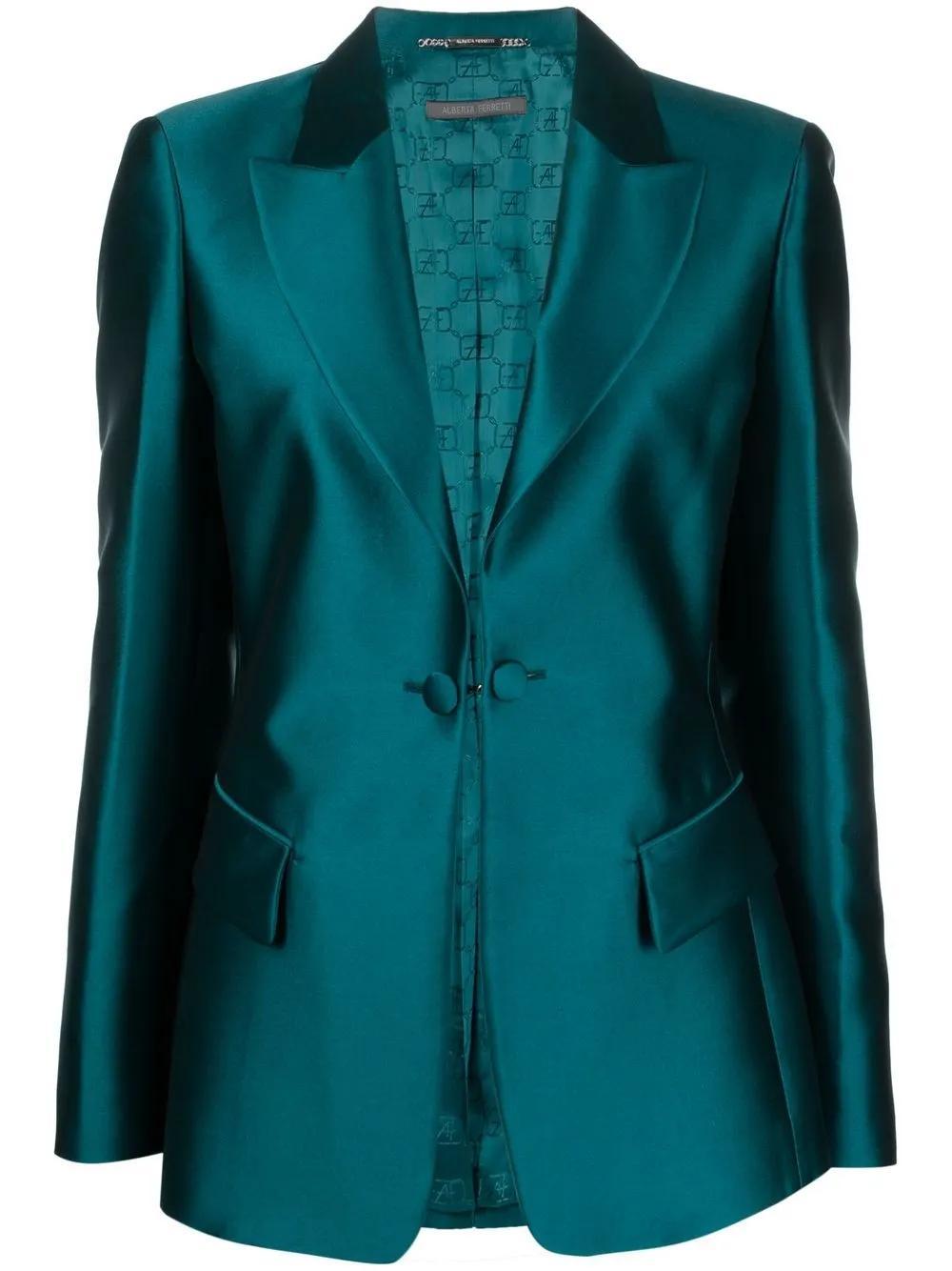 ALBERTA FERRETTI Mikado Silk Single-breasted Blazer Jacket In Blue Product Image