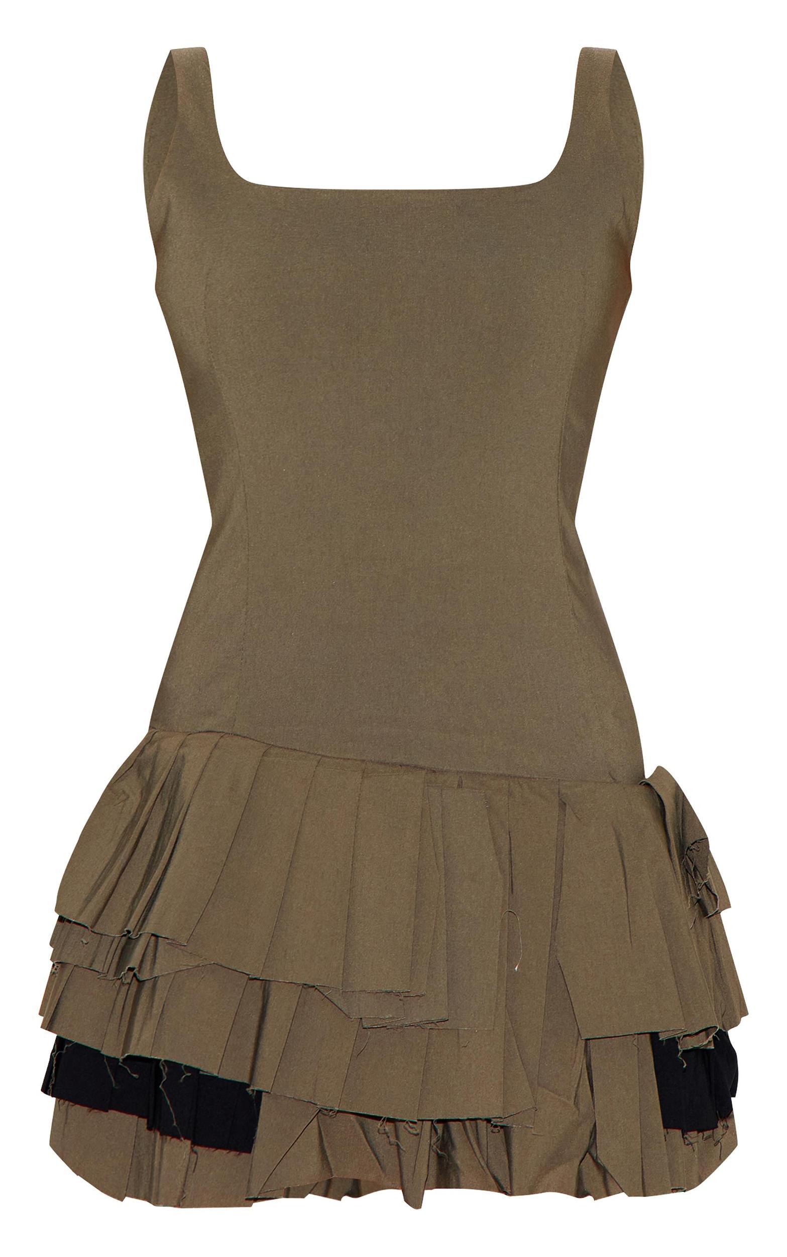 Khaki Stretch Woven Extreme Pleated Shift Dress Product Image