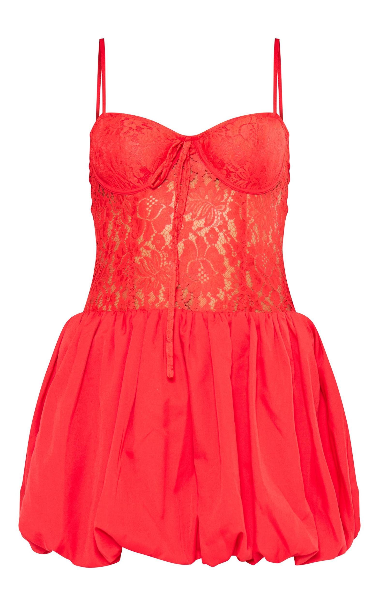 Red Woven Puffball Lace Mini Dress Product Image