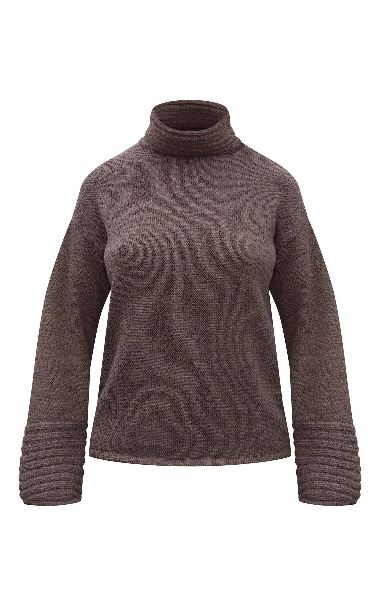 Chocolate Textured Knit Roll Neck Oversized Sweater Product Image