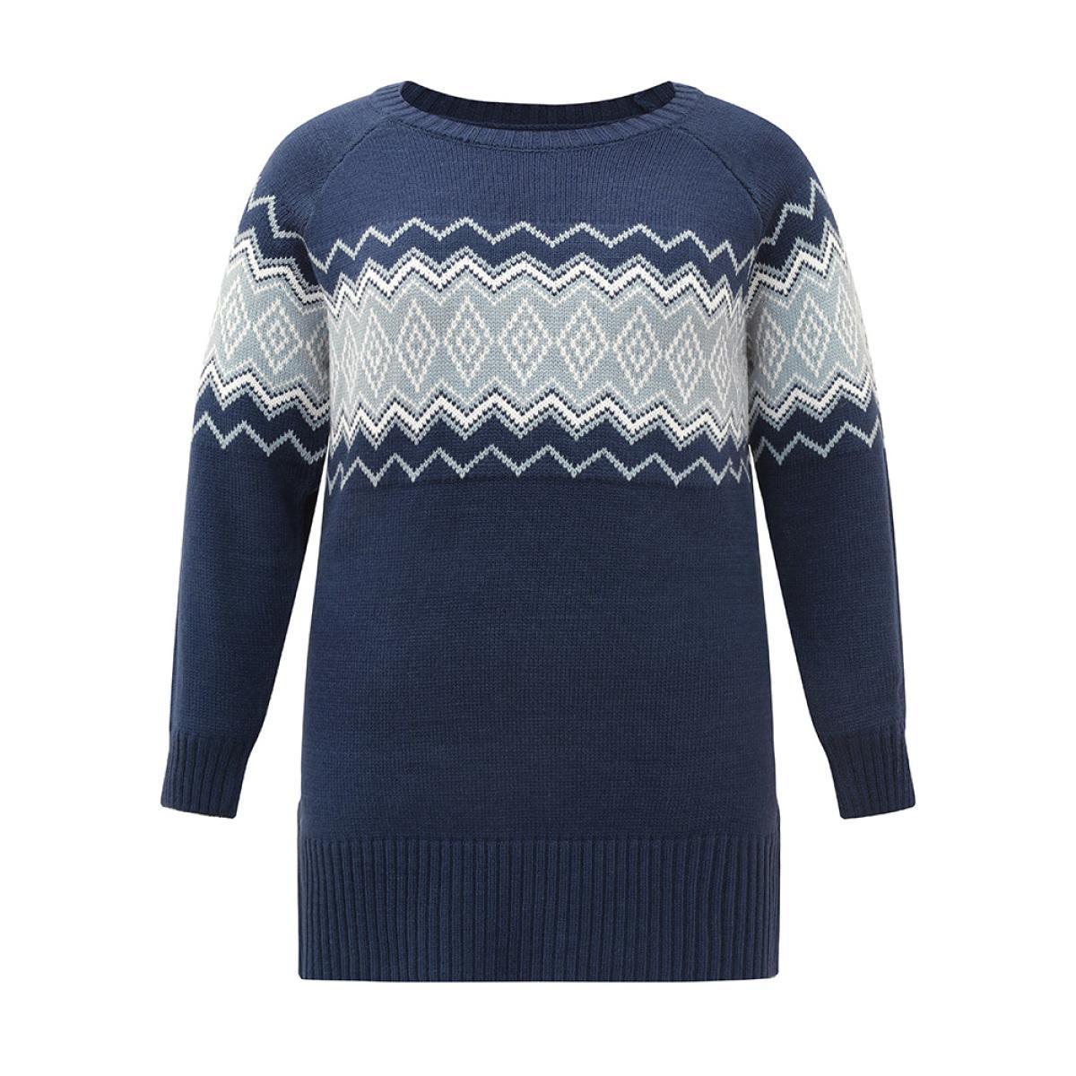 Plus Size Geo Raglan Sleeve Elastic Hem Pullover Indigo Women Casual Loose Long Sleeve Round Neck Everyday Pullovers BloomChic 22-24/3X Product Image