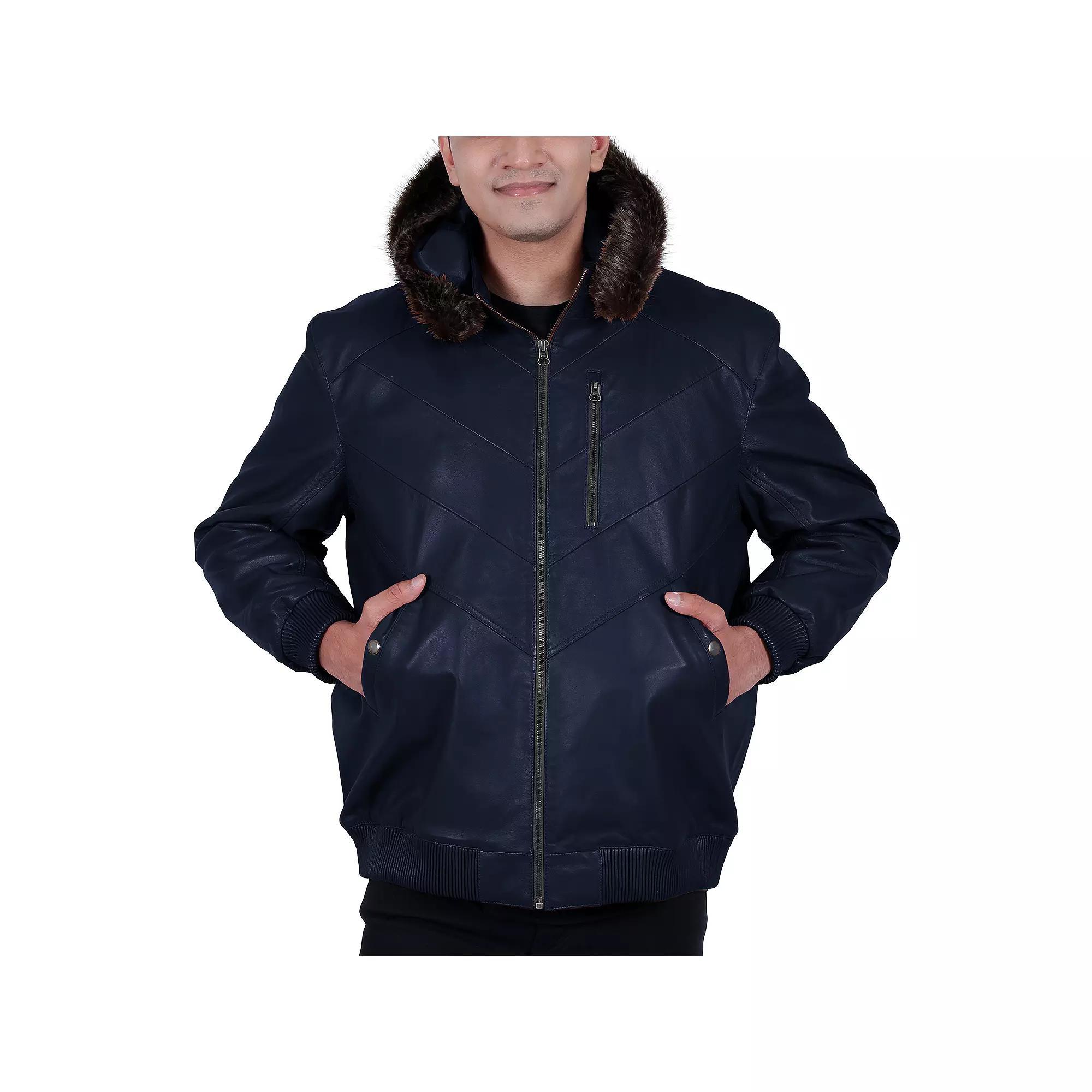Men's Franchise Ace Leather Hooded Bomber Jacket, Size: Large, Blue Product Image