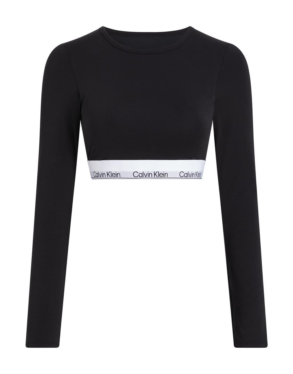 Calvin Klein Modern Cotton lightly lined long sleeve crop top with logo taping in black Product Image
