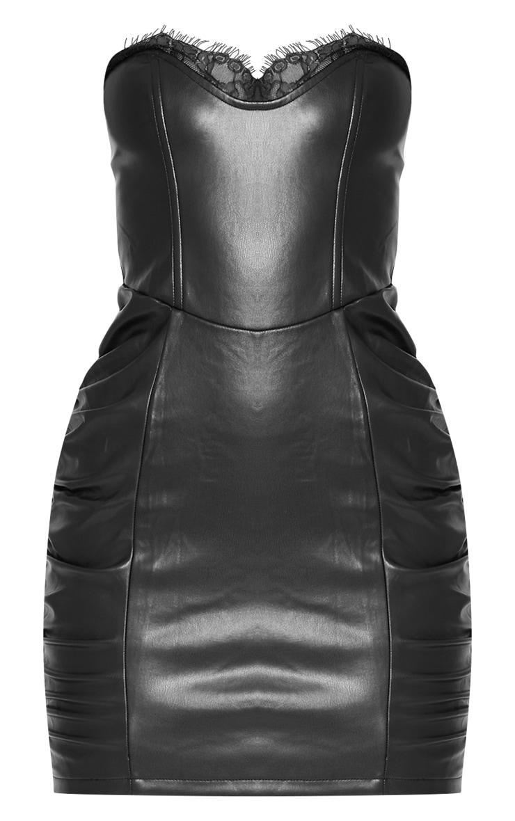 Black PU Lace Trim Detail Bandeau Bodycon Dress Product Image