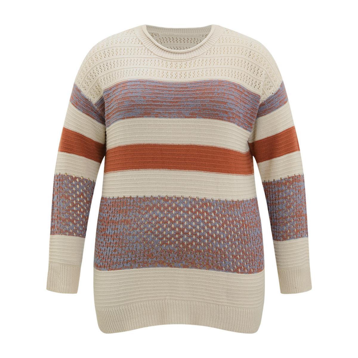Plus Size Colorblock Contrast Drop Shoulder Cut Out Pullover Multicolor Women Casual Loose Long Sleeve Round Neck Dailywear Pullovers BloomChic 18-20/2X Product Image