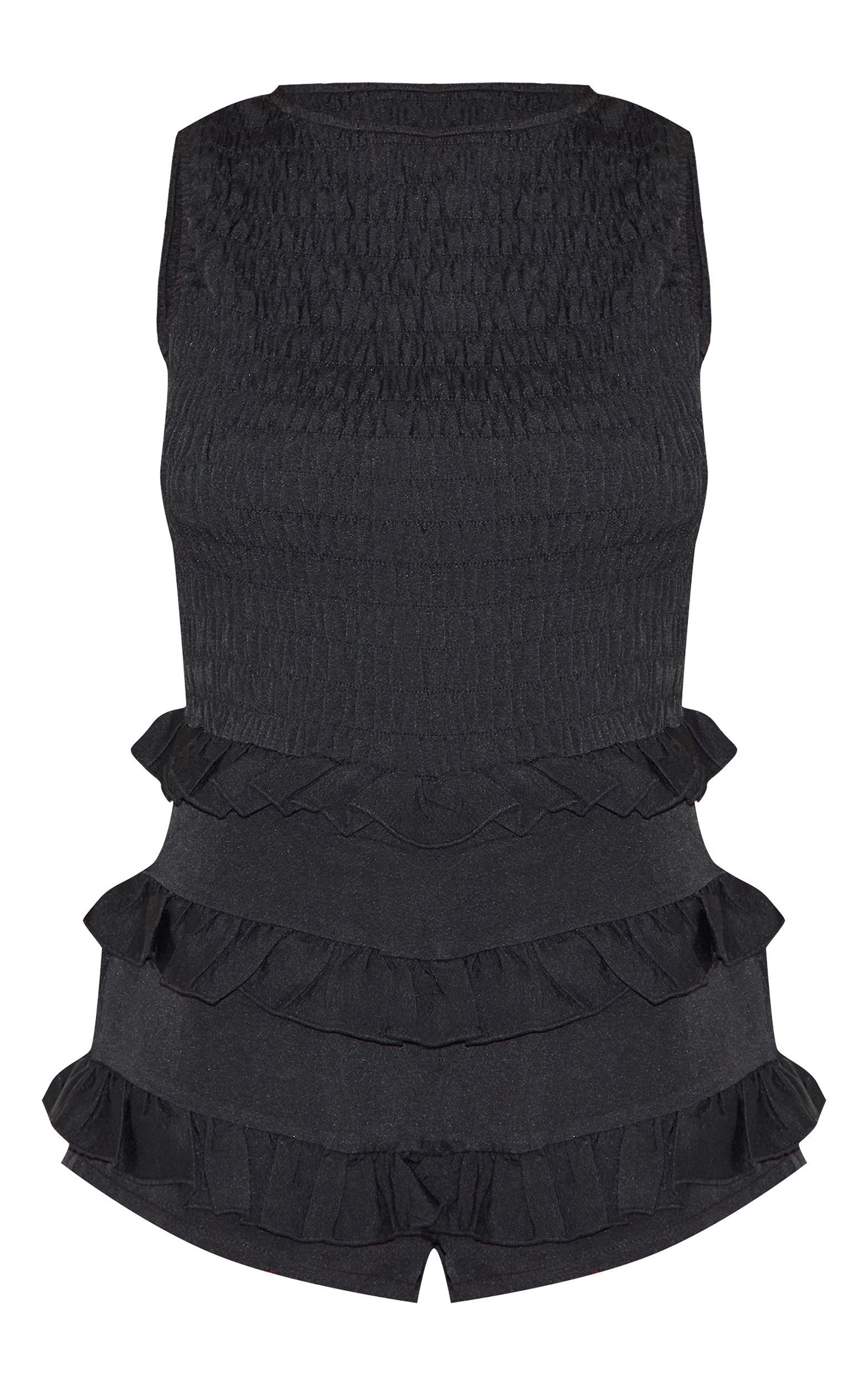 Black Woven Shirred Boat Neck Romper Product Image