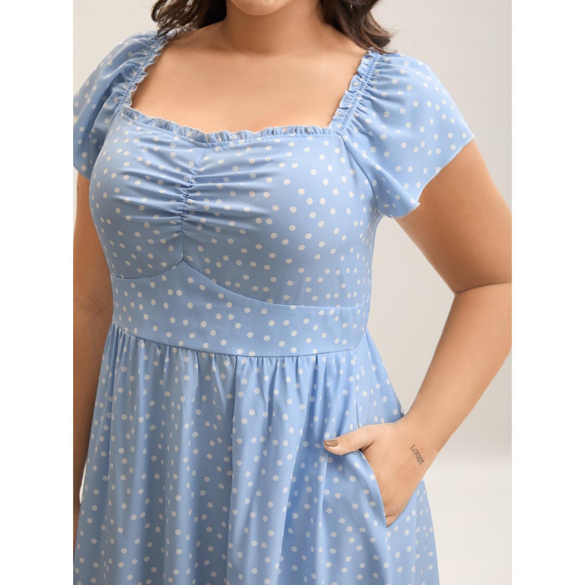 Plus Size Ruffle Trim Polka Dots Pockets Midi Dress LightBlue Women Non Short sleeve Curvy BloomChic 12/L Product Image