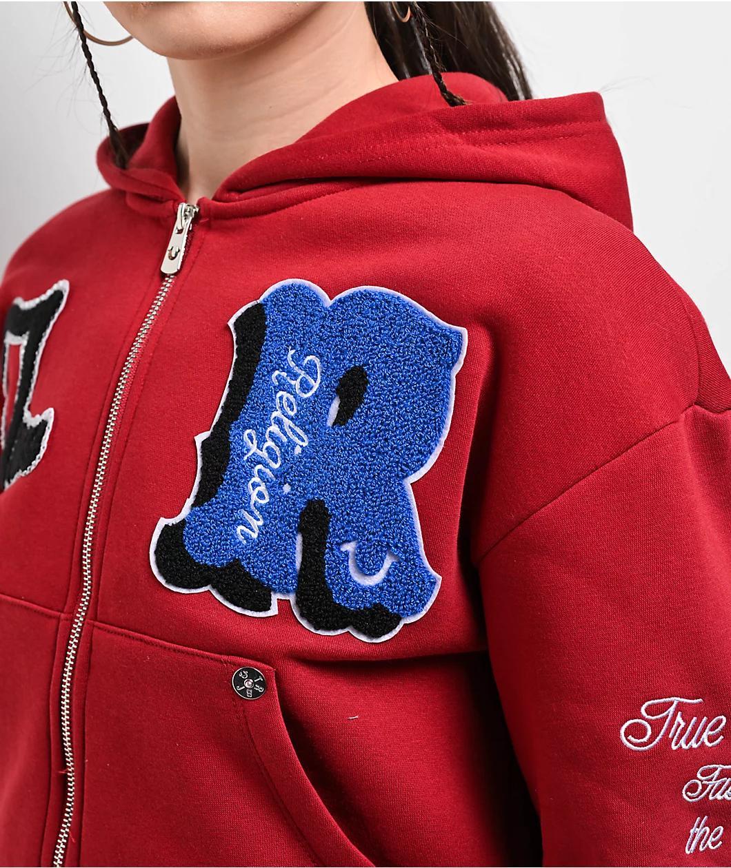 True Religion Crystal Patch Varsity Red Dahlia Crop Zip Hoodie Product Image