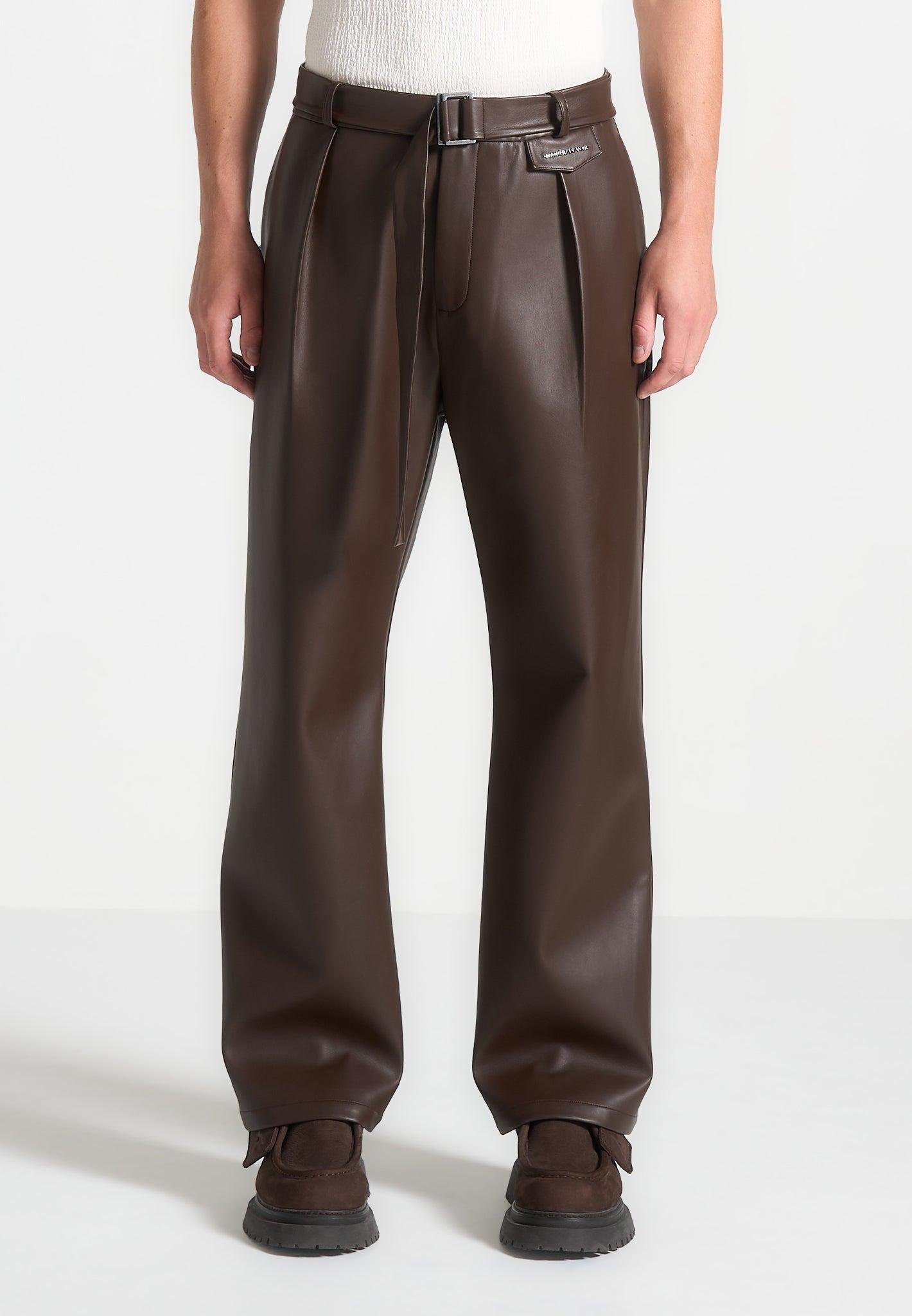 Relaxed Fit Leather Pleated Trousers - Brown Male Product Image