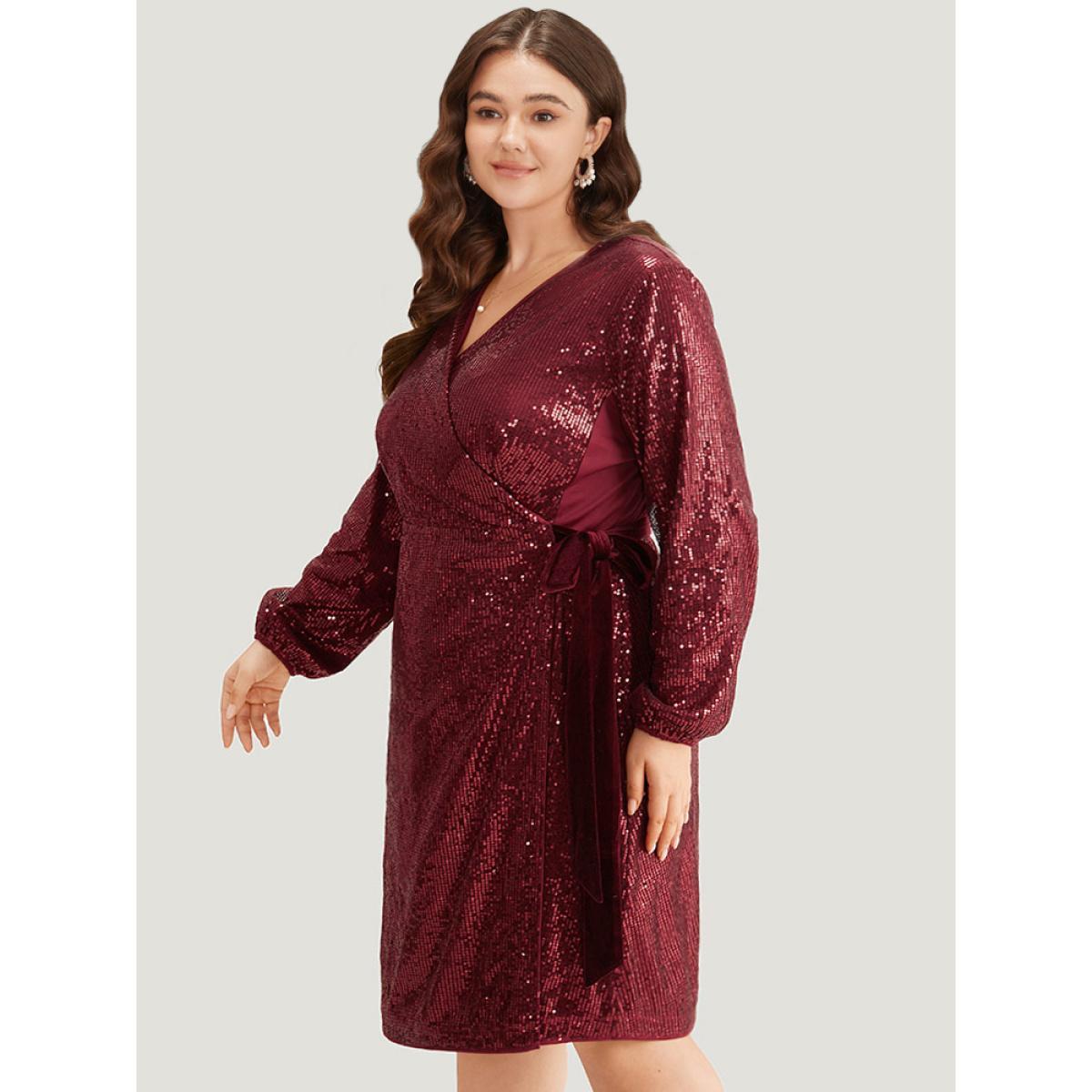 Plus Size Sequin Ties Side Surplice Neck Lantern Sleeve Dress Scarlet Women Cocktail Elastic cuffs V-neck Long Sleeve Curvy Knee Dress BloomChic 18-20/2X Product Image