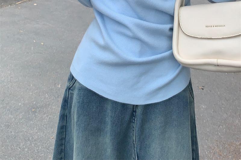 Long-Sleeve Asymmetrical Neck Plain Knit Top Product Image