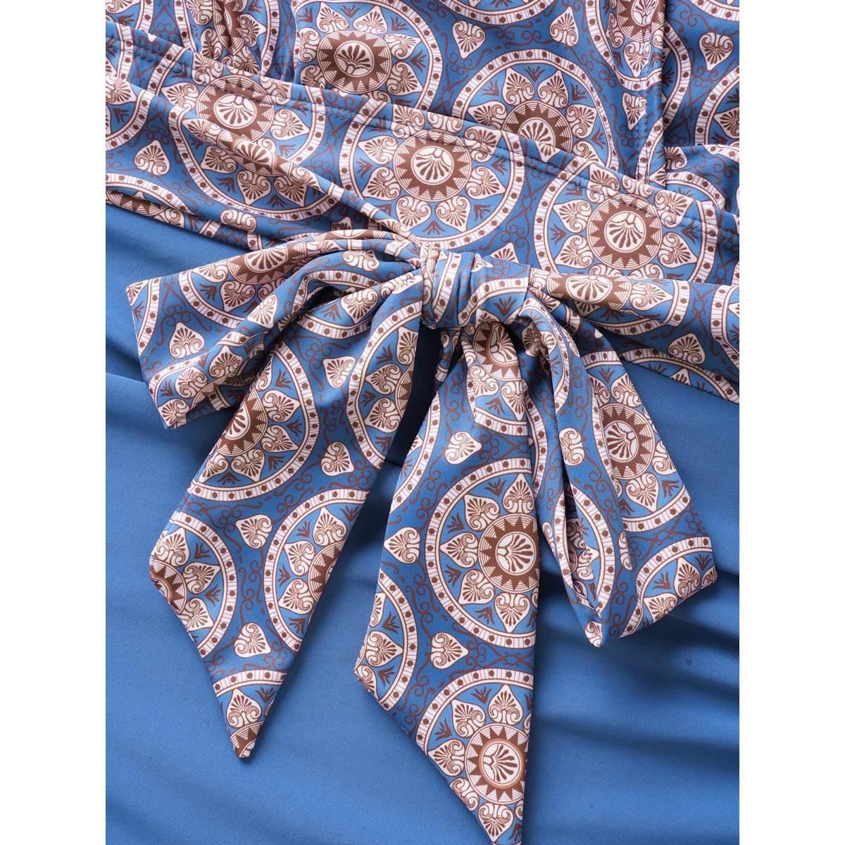 Plus Size Boho Print Overlap Collar Patchwork One Piece Swimsuit Women's Swimwear Indigo Beach Gathered Curve Bathing Suits High stretch One Pieces BloomChic 26/4X Product Image