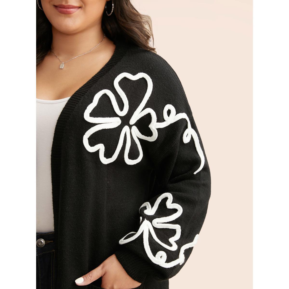 Plus Size Crochet Floral Kimono Collar Pocket Cardigan Black Women Casual Loose Long Sleeve Everyday Cardigans BloomChic 12/L Product Image