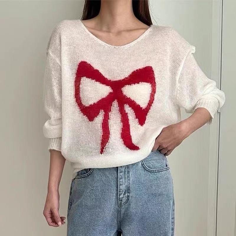Long-Sleeve Round Neck Bow Print Sweater Product Image