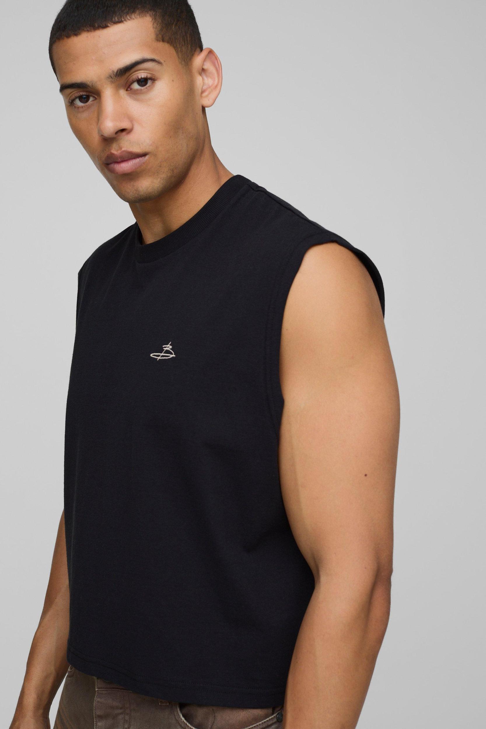 Oversized Shrunken Boxy B Signature Embroidered Tank | boohooMAN USA Product Image