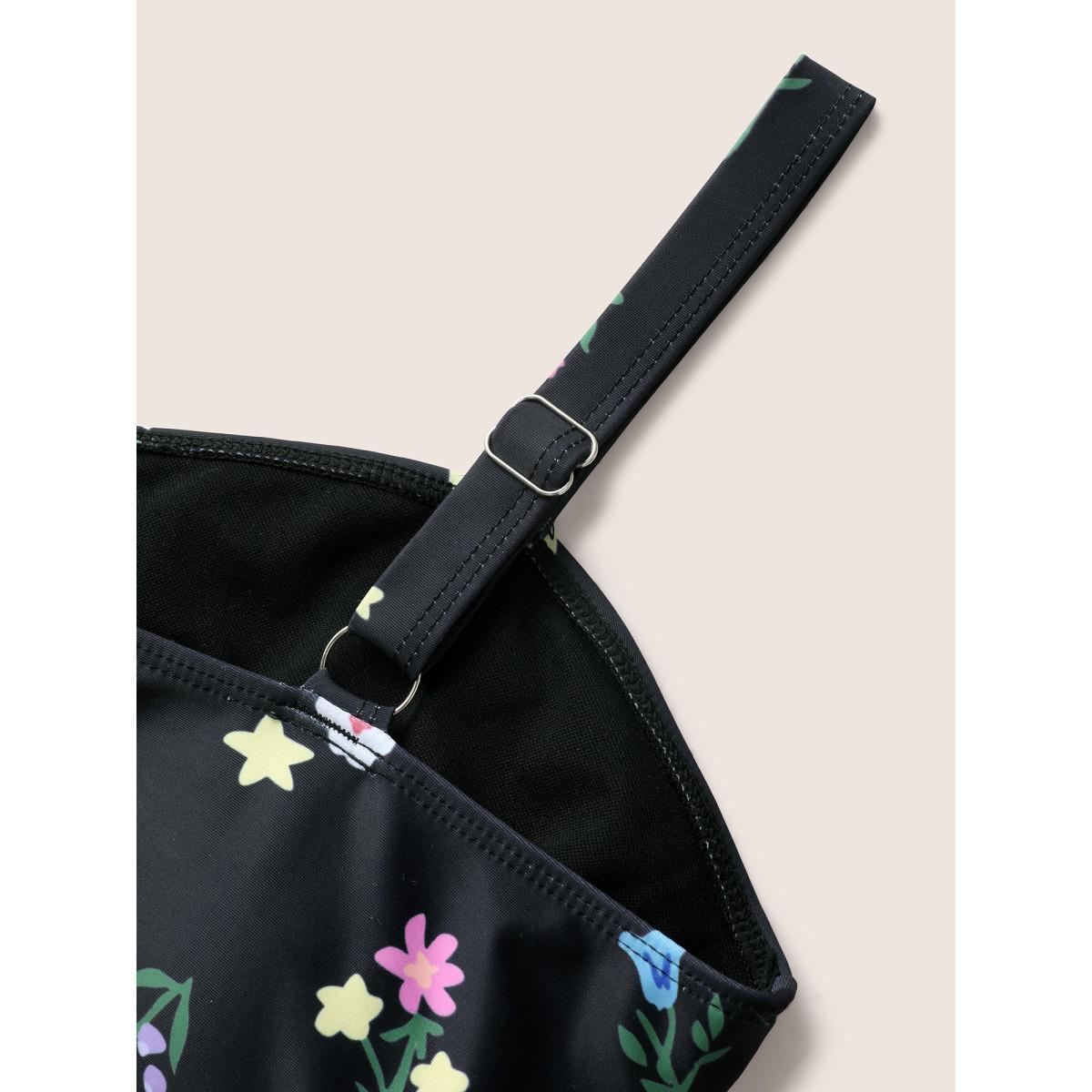 Plus Size Heart Neckline Floral Twist Front Swim Dress Women's Swimwear Black Beach Bodycon Heart neckline High stretch Curve Swim Dresses BloomChic 18-20/2X Product Image