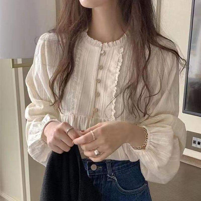 Long-Sleeve Round Neck Plain Lace Trim Half-Button Blouse Product Image