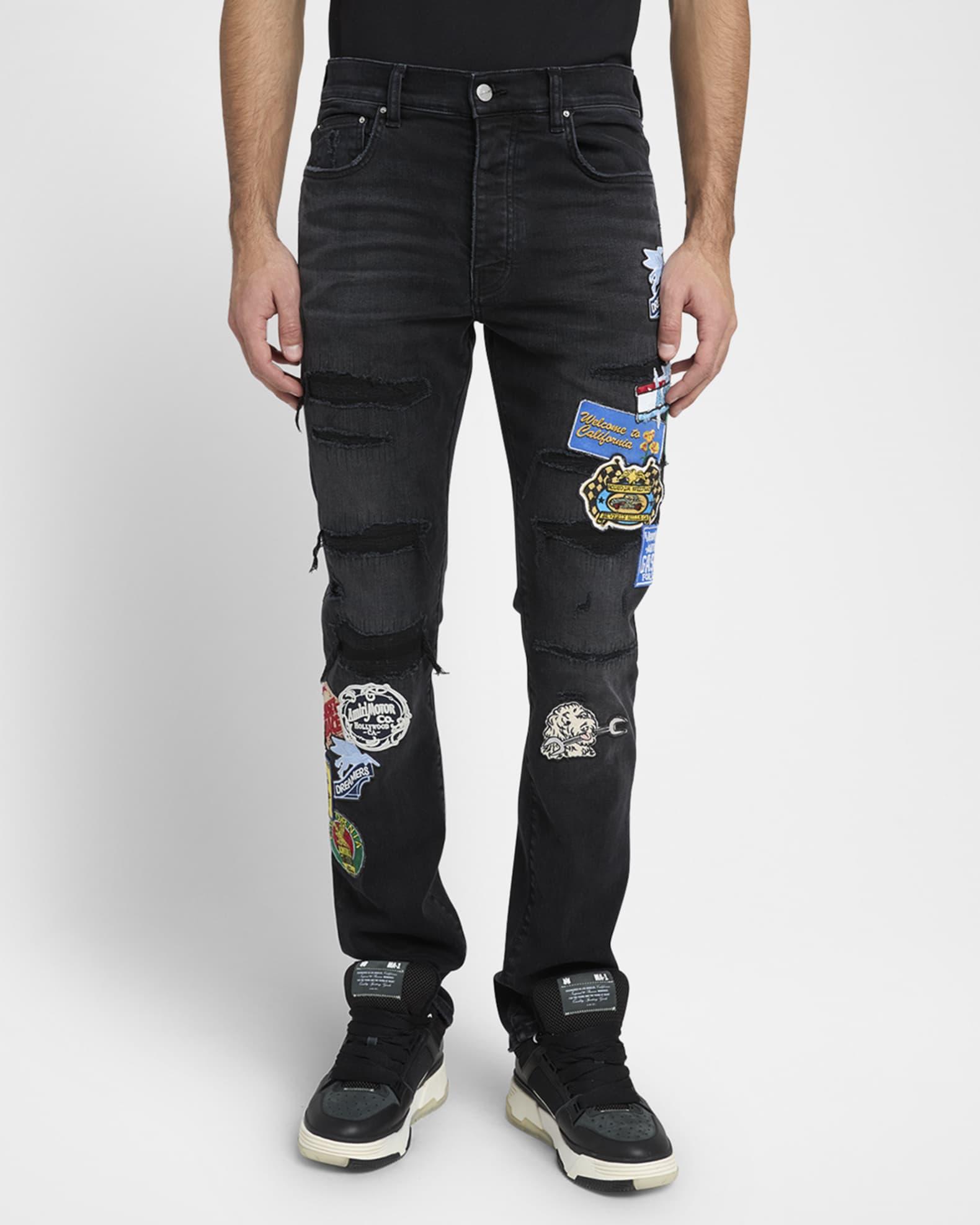 Men's Patchwork Slim-Fit Distressed Jeans Product Image