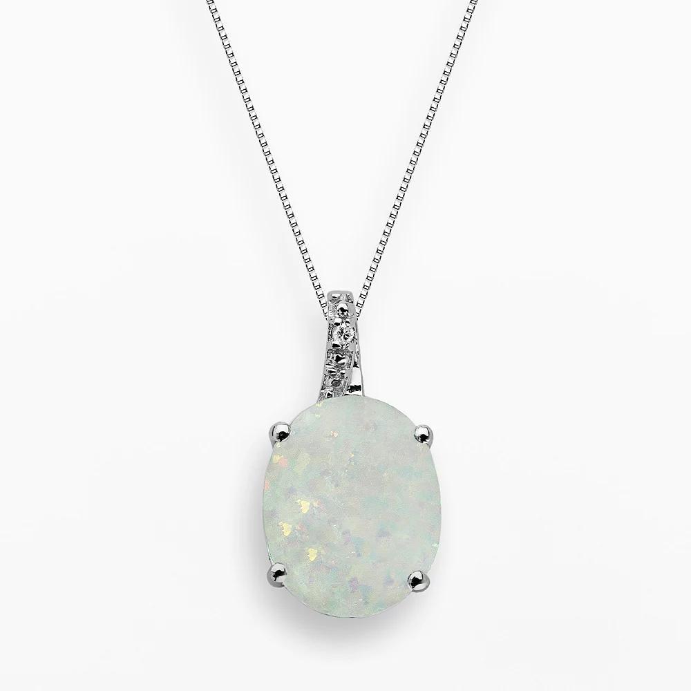 Gemminded Sterling Silver Lab-Created Opal and Diamond Accent Oval Pendant, Women's, Size: 18", White Product Image