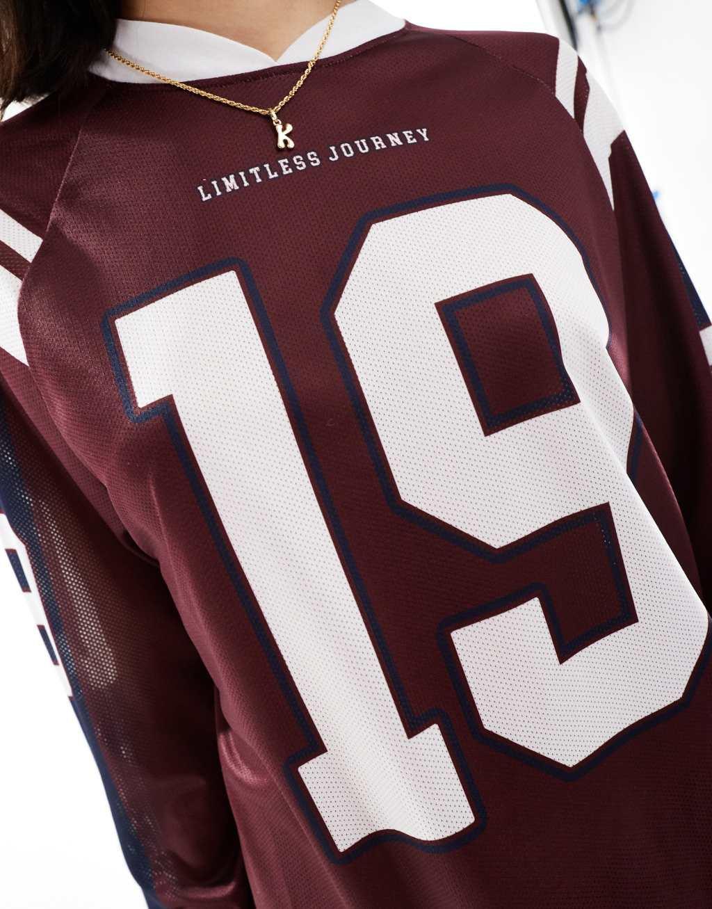 Pull&Bear football jersey long sleeve tee in burgundy Product Image