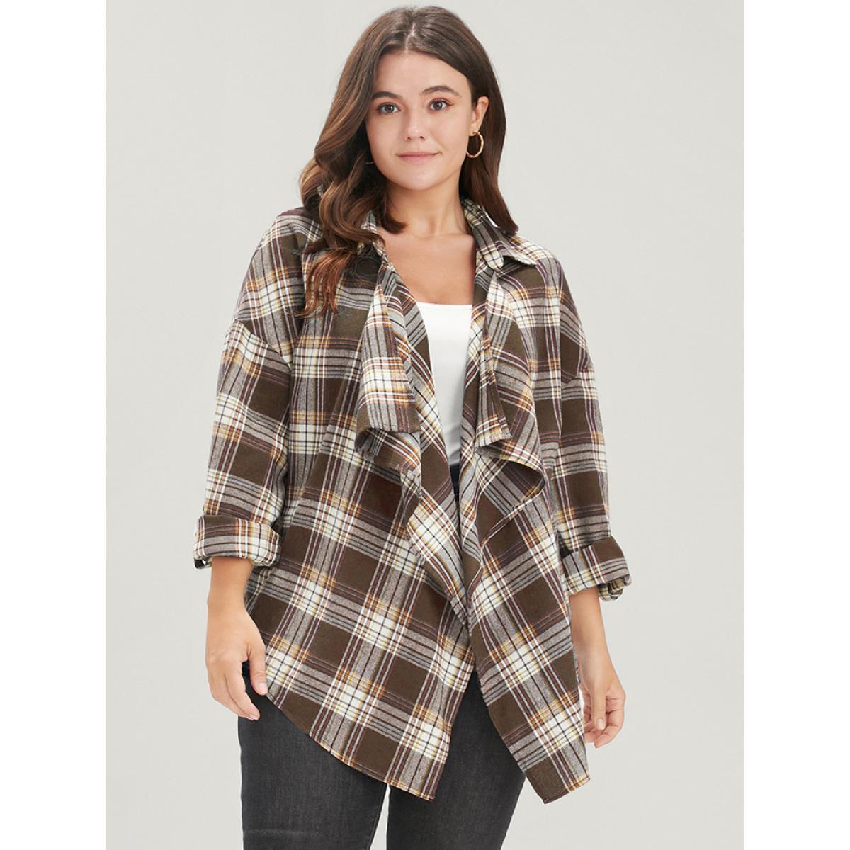 Plus Size Plaid Cuffed Sleeve Asymmetrical Waterfall Collar Coat Women DarkBrown Elegant Asymmetrical Ladies Dailywear Winter Coats BloomChic 30/6X Product Image