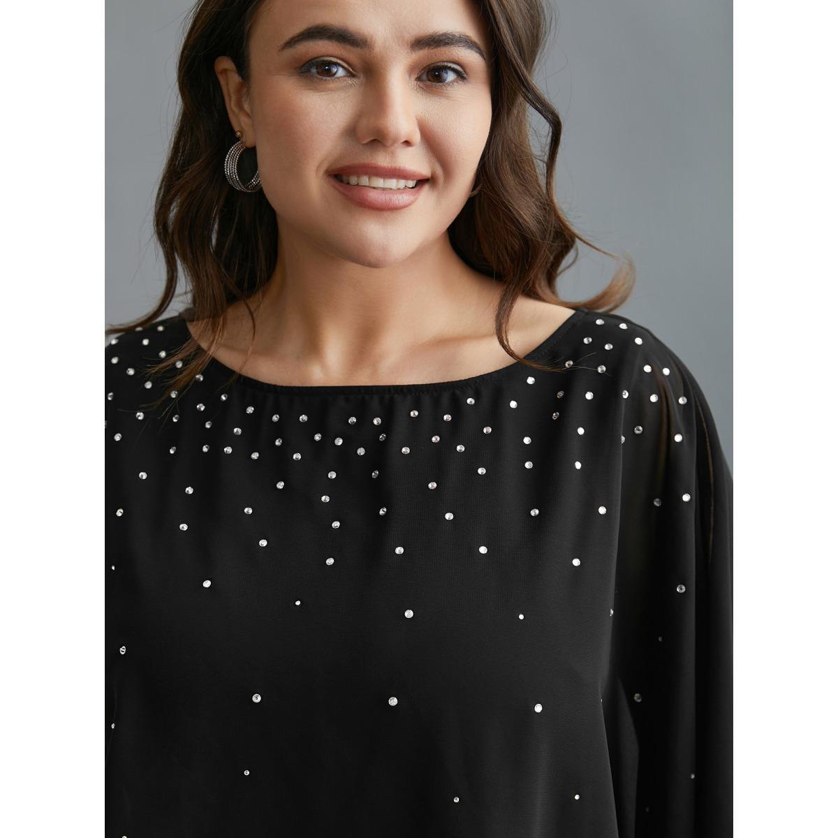 Plus Size Black Rhinestone Asymmetrical Hem Ruffle Sleeve Blouse Women Cocktail Half Sleeve Boat Neck Party Blouses BloomChic 14-16/1X Product Image