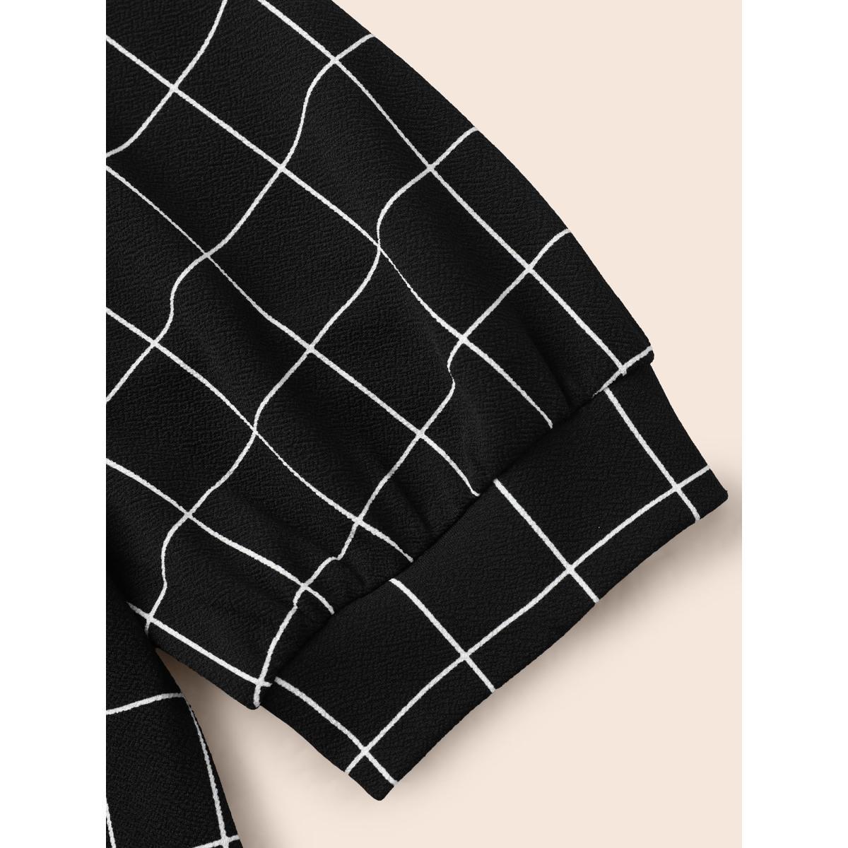 Plus Size Plaid Round Neck Lantern Sleeve T-shirt Burgundy Women At the Office Printed Plaid Round Neck Work T-shirts BloomChic 10/M Product Image