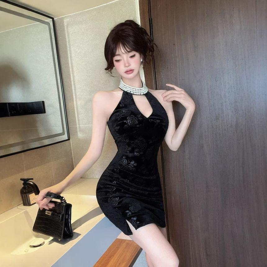 Halter Mock Neck Floral Jacquard Faux Pearl Accent Cutout Slit Velvet Mini Bodycon Dress Product Image