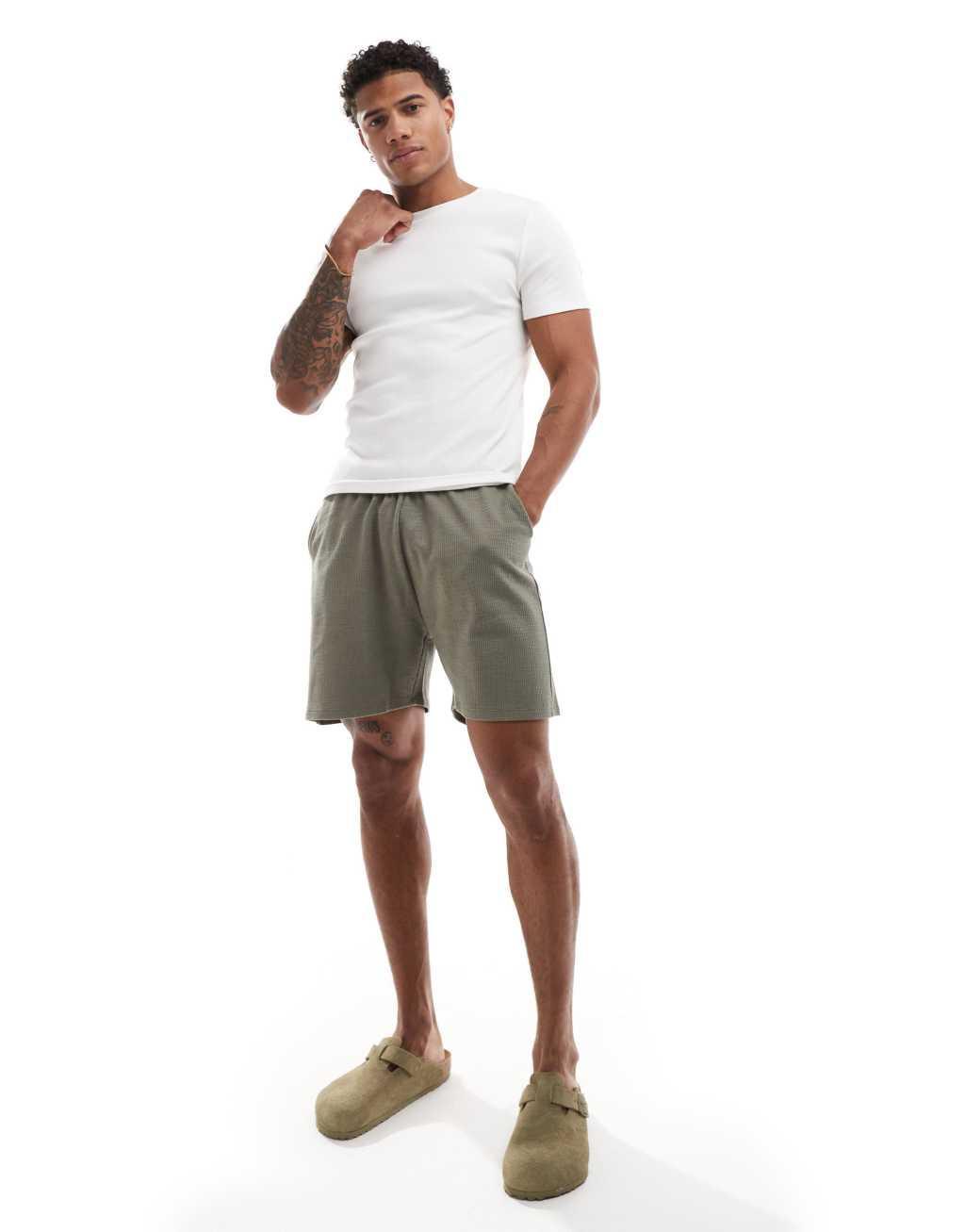 ASOS DESIGN textured lounge shorts in khaki Product Image